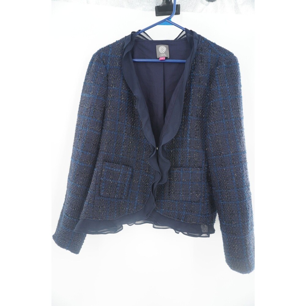 Vince Camuto Navy Tweed Boucle Ruffle Front Classic Metallic Blazer Jacket Sz 16